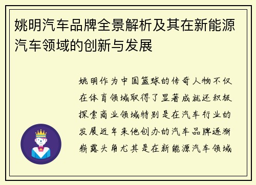 姚明汽车品牌全景解析及其在新能源汽车领域的创新与发展